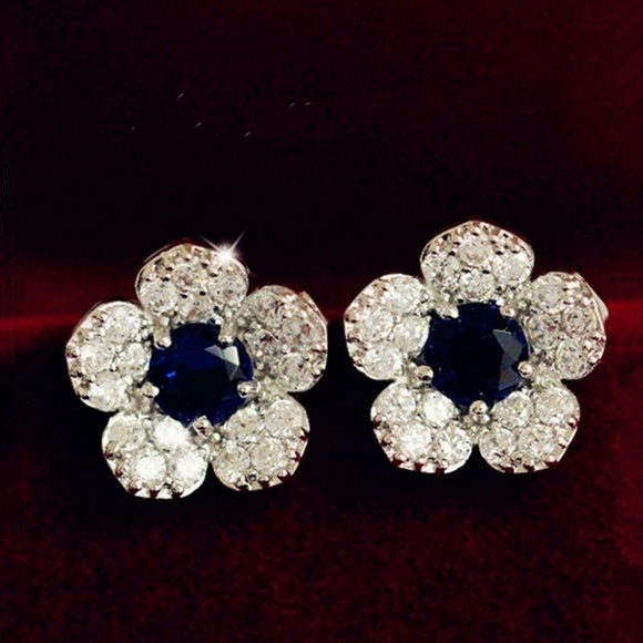 Blue Crystal Flower Stud Earrings - Picture 3 of 3